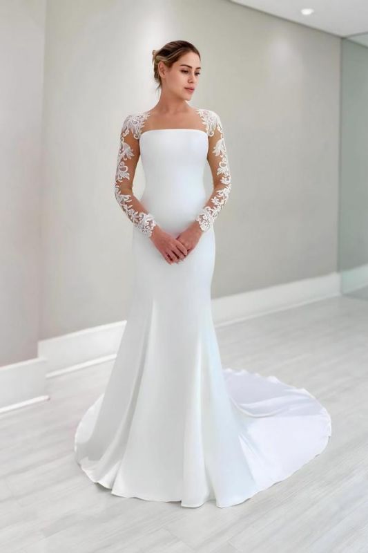 Beautiful White Satin Long Wedding Dress with Floral Lace Sleeves