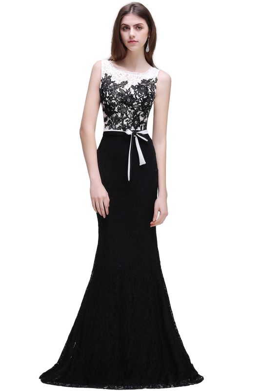 BRYNN | Mermaid Scoop Neckline Lace Black and White Elegant Prom Dresses with Bowknot Sash