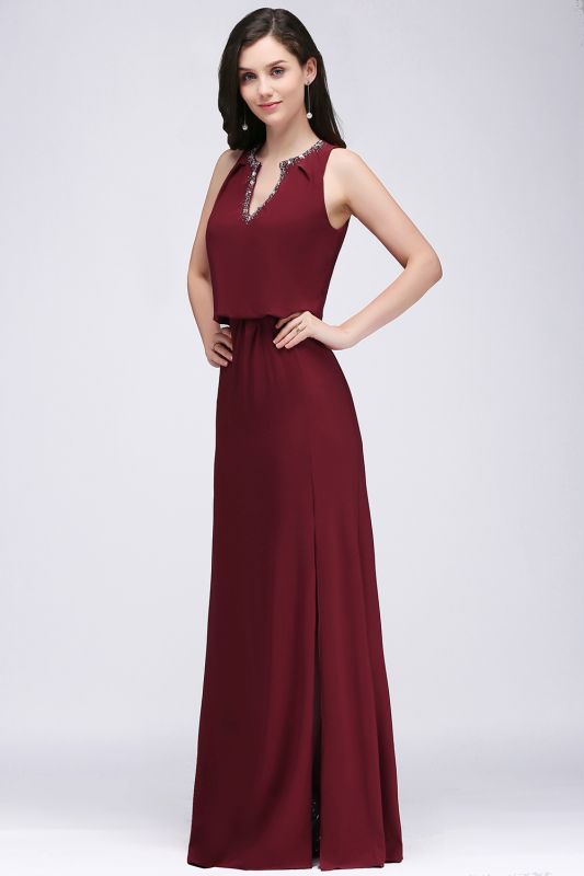 EDITH | A-line V-neck Floor-length Sleeveless Burgundy Prom Dresses with Crystal