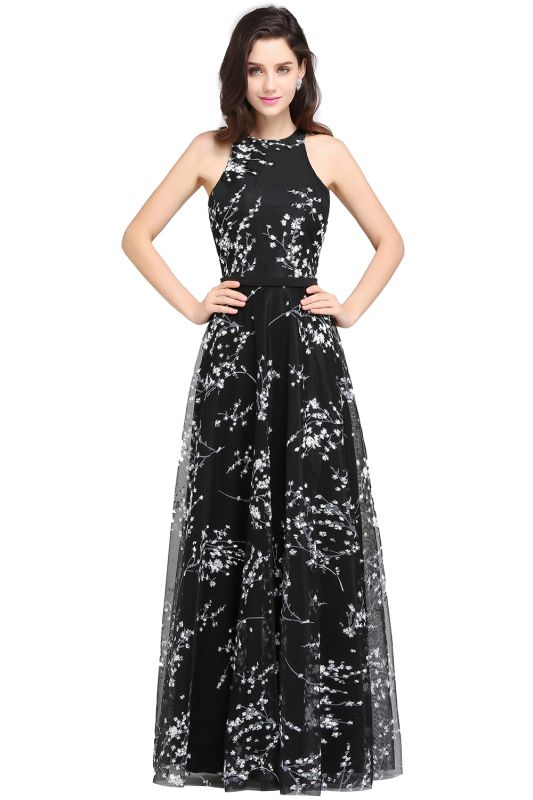 ALYSSA | A-line Floor Length Black Evening Dresses with Flowers