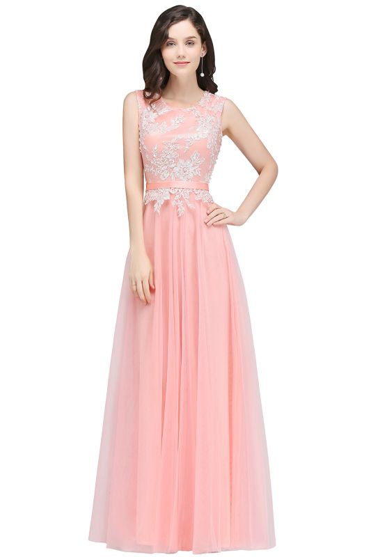 CARLY | A-line Jewel Neck Long Tulle Pink Prom Dresses with Sash