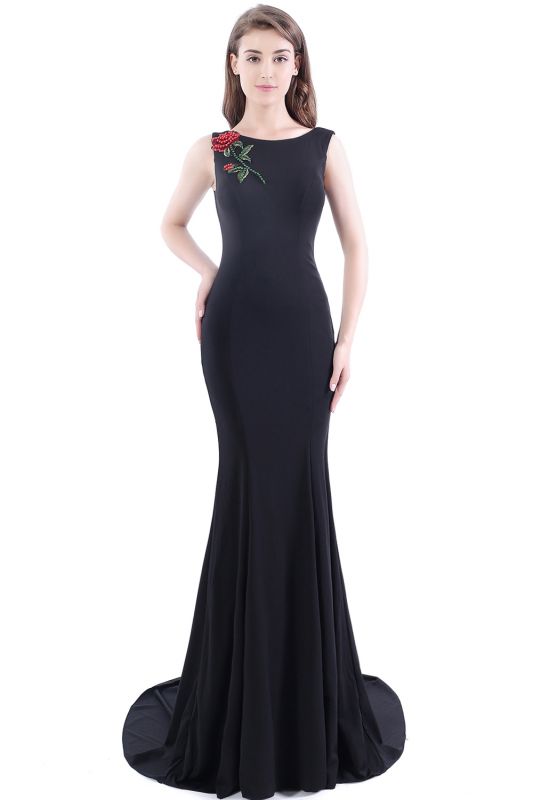 DALARY | Mermaid Jewel Court-Train Embroidery Black Prom Dresses with Pearls