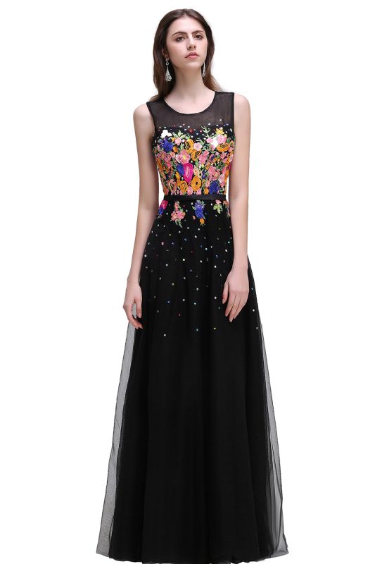 CAMERON | A-line Jewel Neck Tulle Black Prom Dresses with Embroidery Flowers