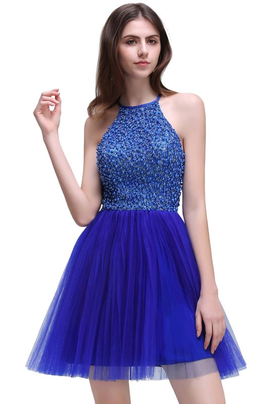 CAITLYN | A-line Halter Neck Short Tulle Royal Blue Homecoming Dresses with Beading