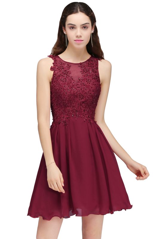 CARLEE | A-line Jewel Short Chiffon Burgundy Homecoming Dresses with Lace Appliques