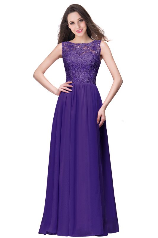 ELYSE | A-line Sleeveless Crew Floor-length Lace Top Chiffon Prom Dresses