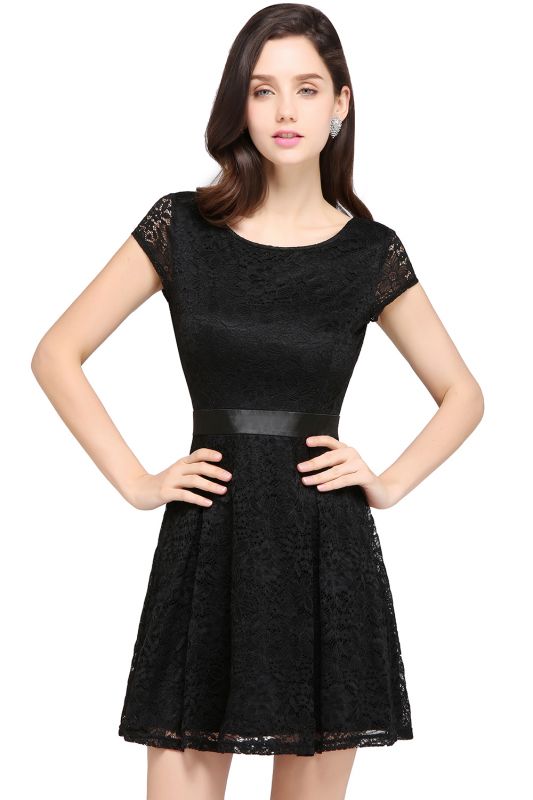 ARMANI | A-line Scoop Black Lace  Homecoming Dress with Sash