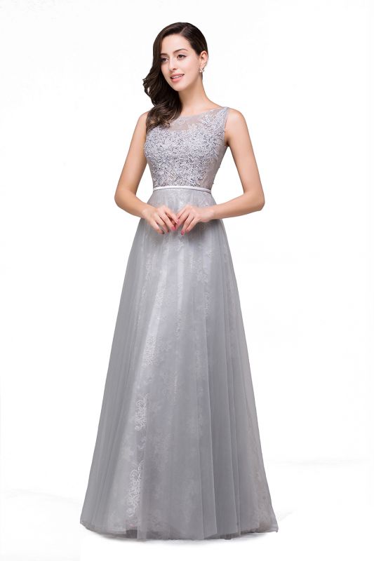 FRANKIE | A-Line Sleeveless Illusion Floor-Length Tulle Prom Dresses with Embroidered Flowers