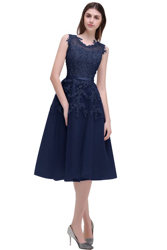 Tea-Length A-line Sheer-Neck Amazing Lace-Appliques Beaded Party Dresses