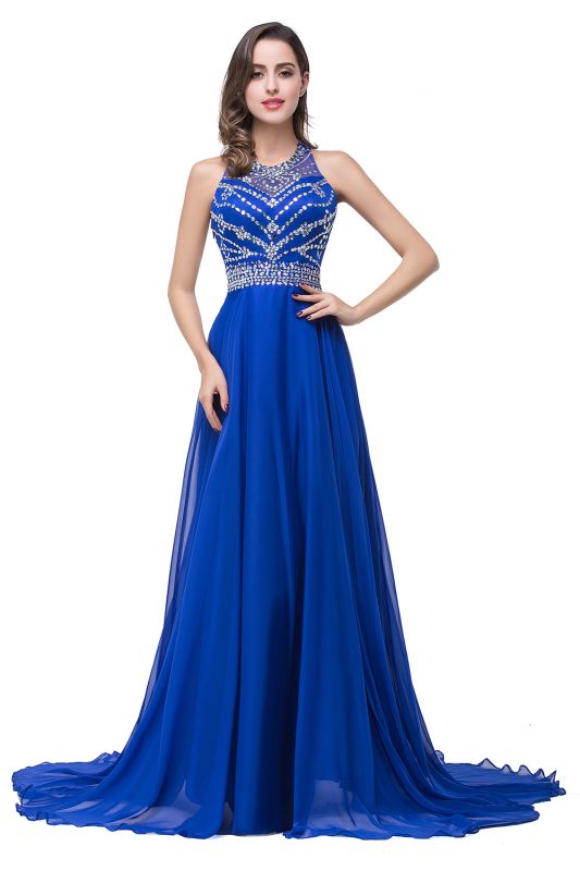 ELLA | A-line Crew Floor-length Sleeveless Tulle Prom Dresses with Crystal Beads