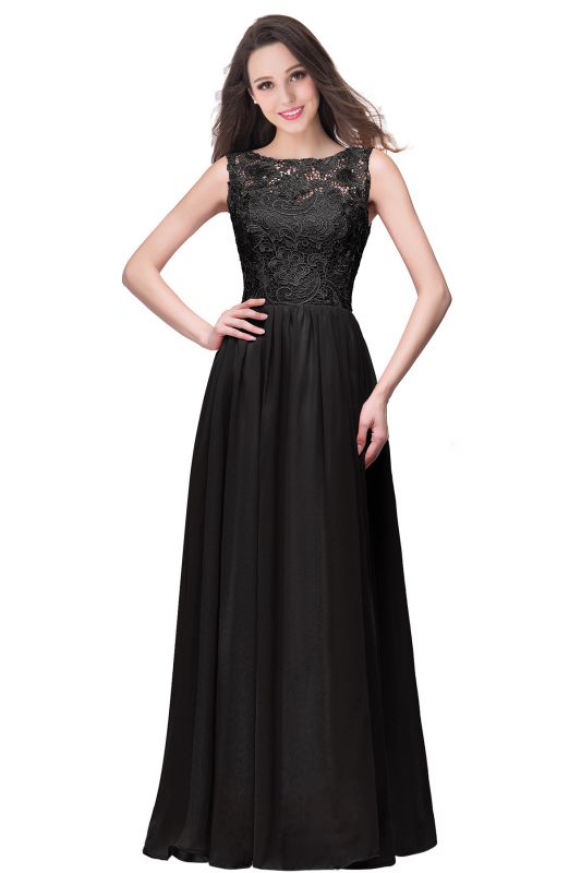 ELYSE | A-line Sleeveless Crew Floor-length Lace Top Chiffon Prom Dresses