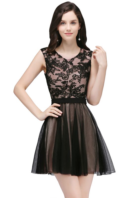 ELEANOR | A-line Crew Short Sleeveless Tulle Lace Appliques Prom Dresses