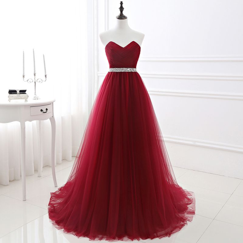 Custom Made Fluffy Tulle A-line Sweetheart Burgundy Prom Dresses With Beads Belt