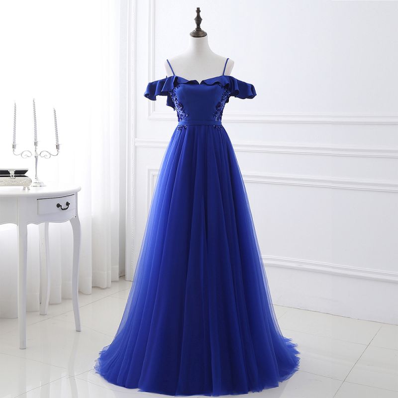 CHANEL, Ball Gown Off-the-shoulder Floor-length Blue Tulle Prom Dress