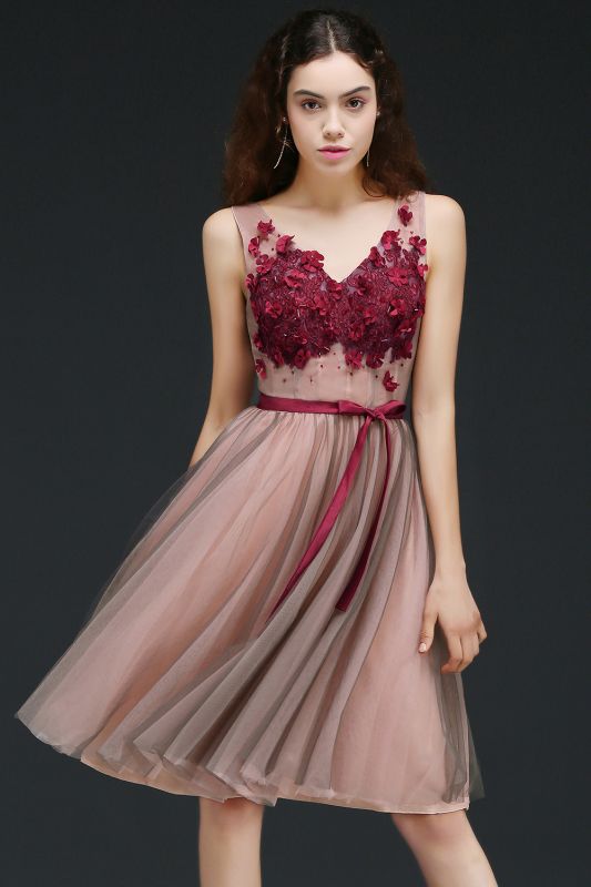Sash V-Neck Open-Back A-line Burgundy-Flowers Romantic Homecoming Dresses