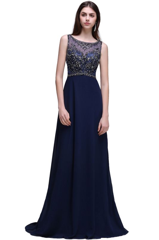 CALI | A-line Long Chiffon Dark Navy Vintage Prom Dresses with Rhinestones