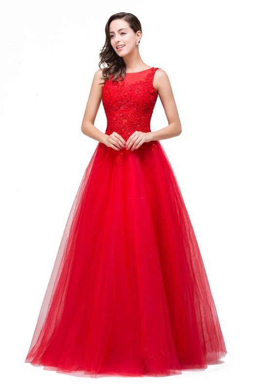 FIONA | A-Line Sleeveless Floor-Length Appliques Tulle Prom Dresses