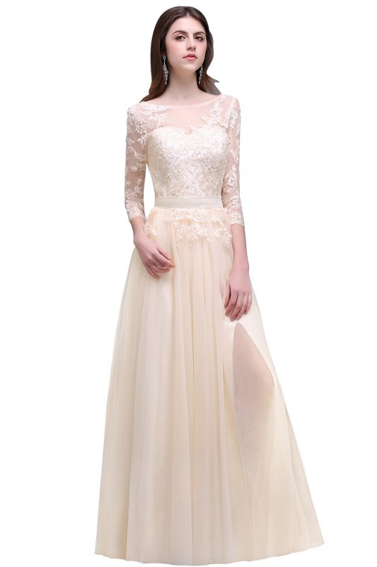 AUBREY | A-line Scoop Champagne Prom Dress With Sleeve