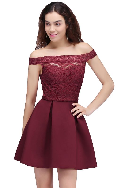 Off-the-Shoulder Burgundy Lace A-Line Short Homecoming Dresses