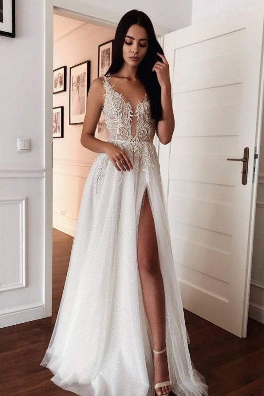 Spaghetti Straps Shiny Appliques  Wedding Dresses | A-line Front Slit V-neck Bridal Gowns Online