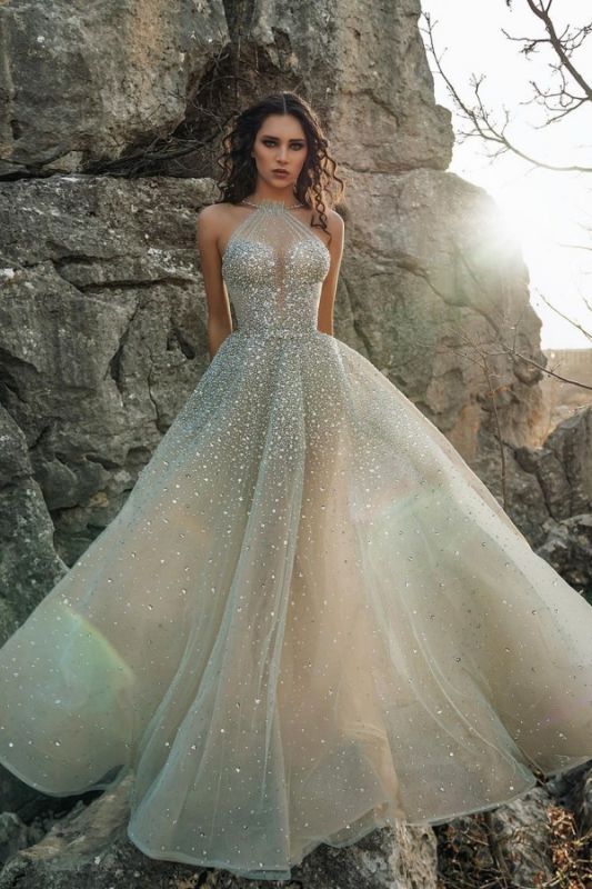 Halter Sparkling Beads Crystal Prom Dresses | Luxury Sleeveless Sheer Tulle Evening Gowns