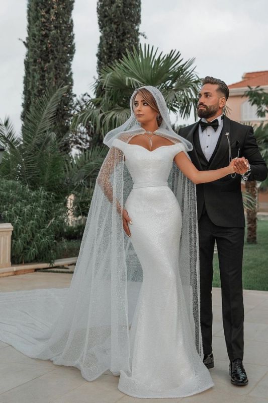 Vestidos de novia con lentejuelas brillantes y hombros descubiertos | Vestidos de novia de sirena hasta el suelo con mantón