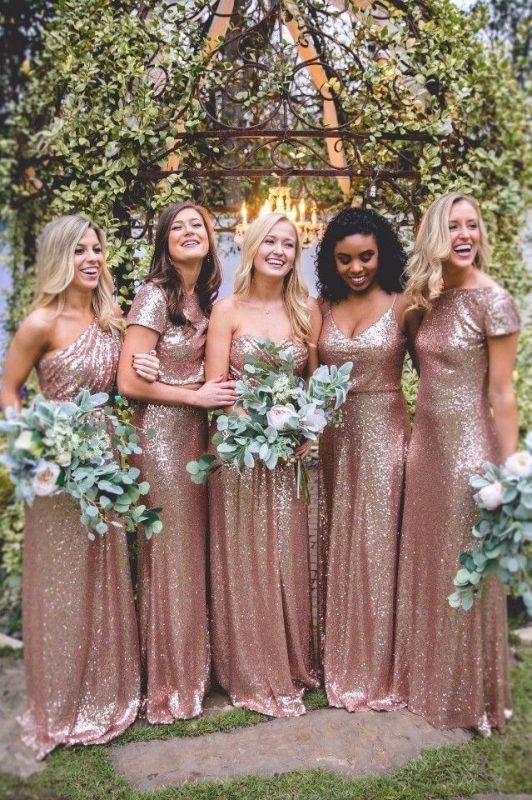 Sexy Pailletten Brautjungfernkleider | Rose Gold lange Hochzeitsgast Kleider