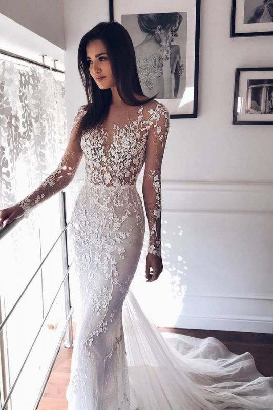 Shiny Crystal Flower Applioques Wedding Dresses | Sheer Tulle Long Sleeve Bridal Gowns