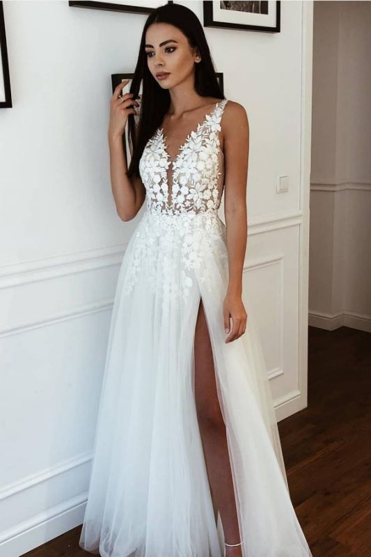 Straps Appliques V-neck A-line Wedding Dresses | Side Slipt Tulle Floor Length Gowns Online