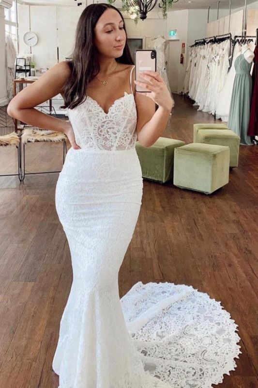 Spaghetti Straps Lace Appliques Wedding Dresses | Mermaid Sleeveless Cheap Bridal Gowns