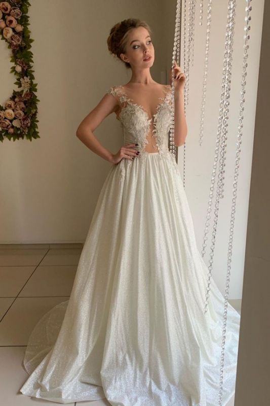 Apliques de tul transparente Vestidos de novia de novia | Vestidos de novia baratos sin mangas de una línea