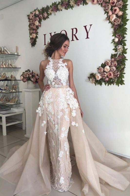 Flower Appliques Beading Halter Sheath Wedding Dresses | Backless Belt Bridal Gowns with Detachable Skirt