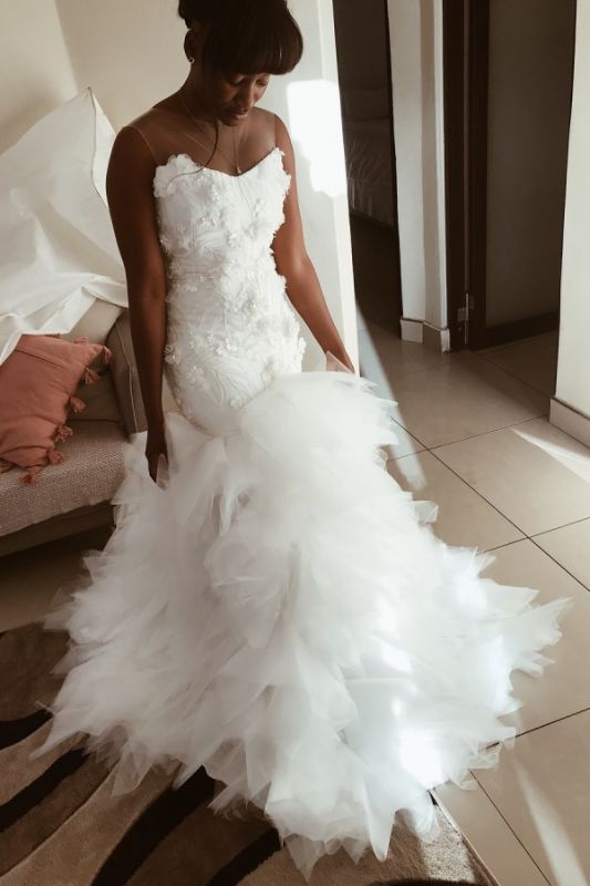 Flowers Appliques Mermaid sleeveless Wedding Dresses | Sheer Tulle Ruffles Bridal Gowns