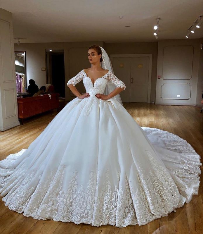 Glamorous Lace V-neck Ball Gown Wedding Dresses | Appliques Sleeves Bridal Gowns with Sweep Train