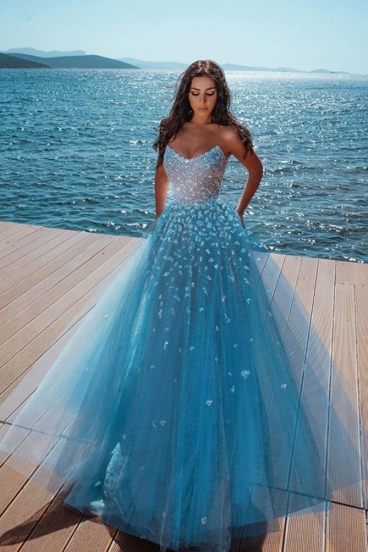 Strapless Shiny Crystal  Prom Dresses | Tulle Sleeveless Floor Length Evening Gowns