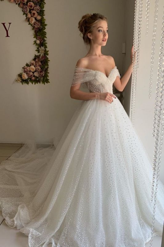 Sweetheart Pearl Off The Shoulder Ball Gown Wedding Dresses | Backless Tulle  Bridal Gowns