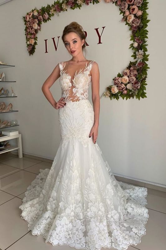 Straps Appliques Mermaid Wedding Dresses | Pleated Sheer tulle  Bridal Gowns