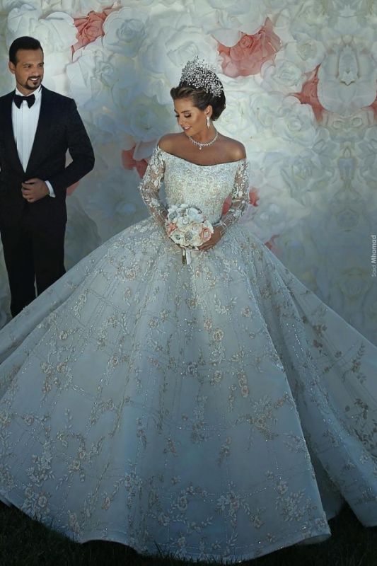 Off The Shoulder Shiny Appliques Ball Gown Wedding Dresses | Lace Long Sleeves Bridal Gowns