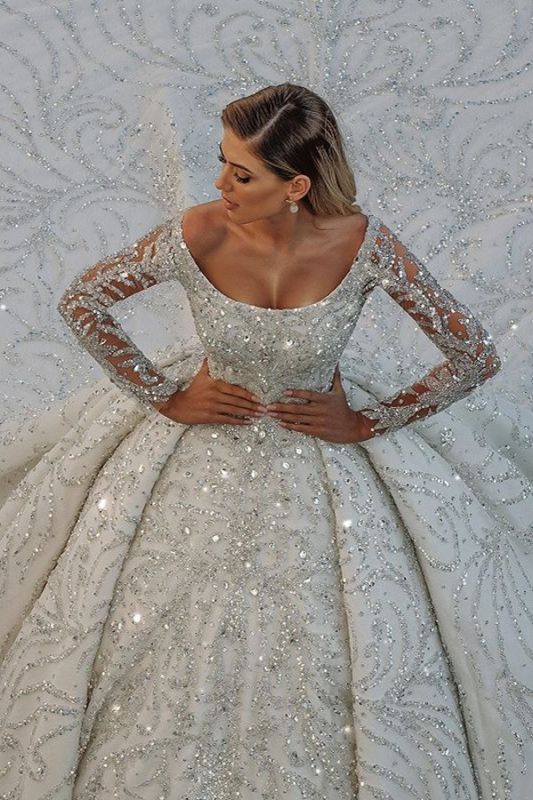 Gorgeous Shiny Sequins Crystal Ball Gown Wedding Dresses | Beads Long Sleeve Off The Shoulder Bridal Gowns