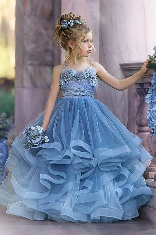 Straps Blue Ruffles Puffy Princess Flower Girl Dresses