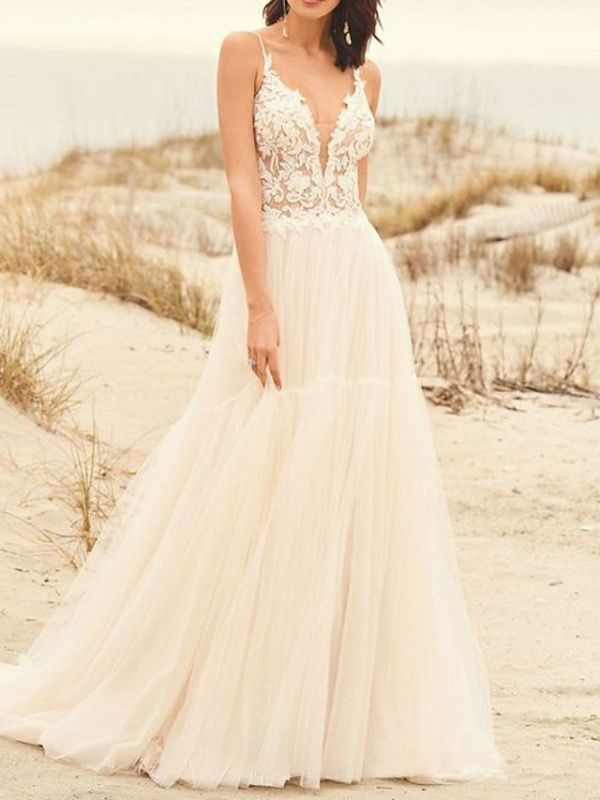 Stylish Spaghetti Straps Floral Lace Aline Simple Wedding Dress