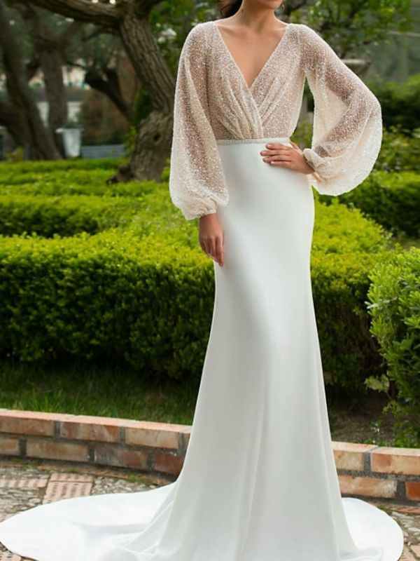 Sparkly Sequins Puffy Sleeves Mermaid Wedding Gown