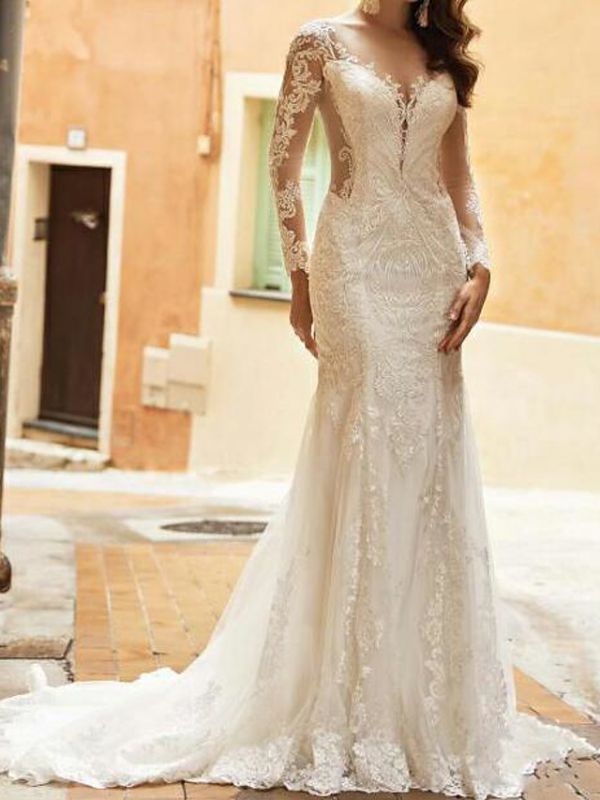 Elegant Long Sleeves Tulle Lace Mermaid Bridal Dress with Sweep/Trumpt Train