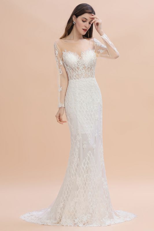 Long Sleeves Lace Tulle Mermaid Bridal Dress Scoop Neck Wedding Dress