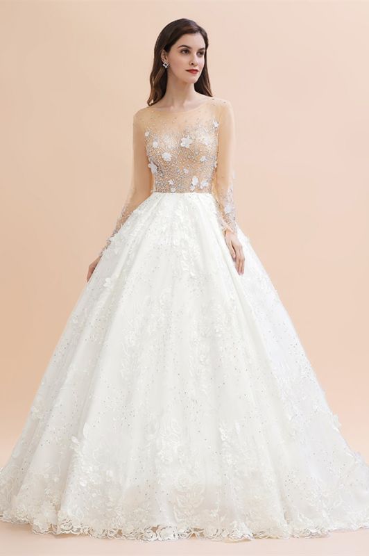 Gorgeous Scoop Neck Wedding Dress Long Sleeves Glitter Floral Lace Aline Bridal Dress