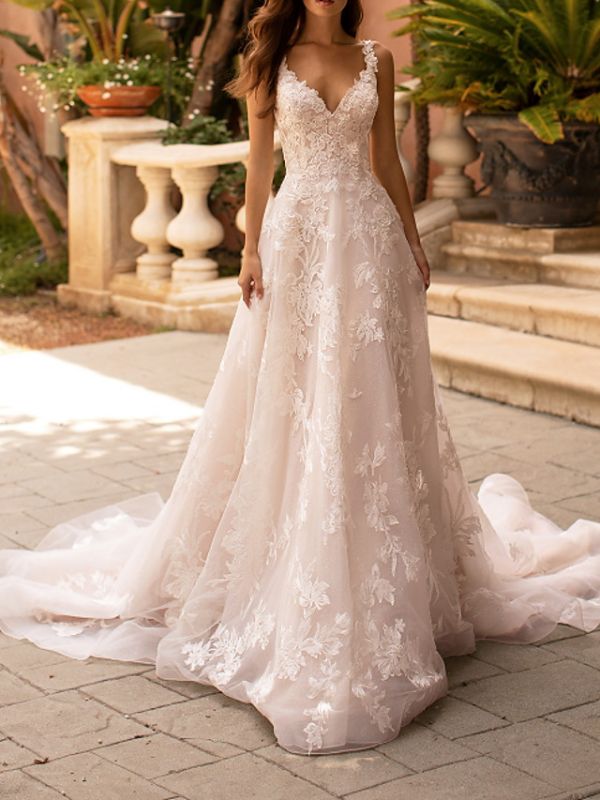 Gorgeous Floral Lace V-Neck Aline Wedding Gowns Sleeveless Bridal Dress