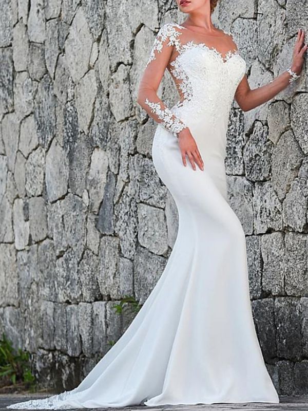 Charming White Mermaid Bridal  Gown Long Sleeves Lace Appliques Wedding Dress