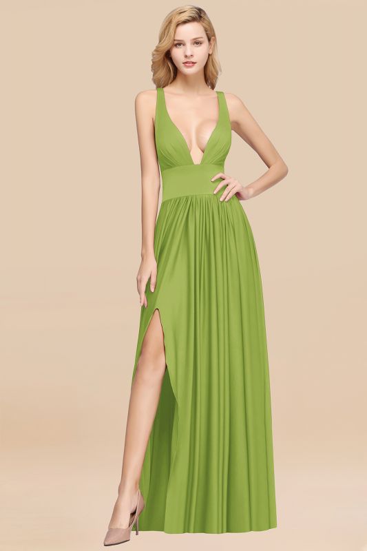Elegant V-Neck Sleeveless Bridesmaid Dress |Aline Floor Length Bridesmaid Dress With Slit
