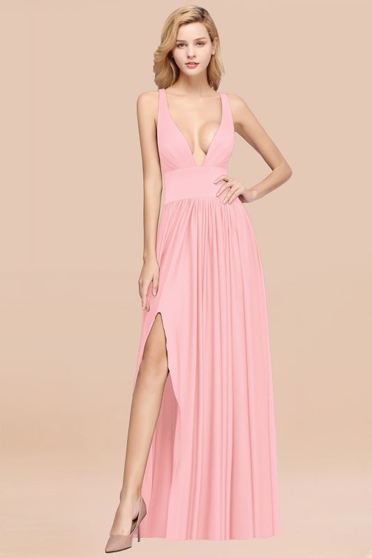 Elegant V-Neck Sleeveless Bridesmaid Dress |Aline Floor Length Bridesmaid Dress With Slit