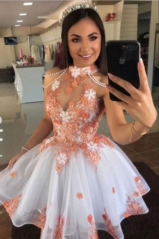 Halter Listones florales Vestido de cóctel Sin mangas Vestido corto de regreso a casa